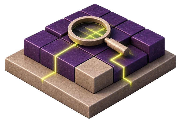 Blocs isométriques avec une loupe au-dessus d’une grille éclairée — un audit du moteur de revenus