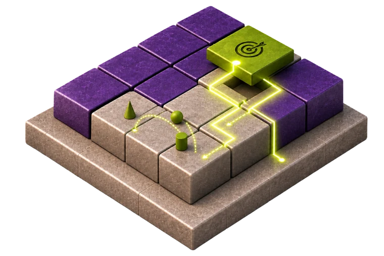 Blocs isométriques formant une couche stratégique reliée par un chemin lumineux